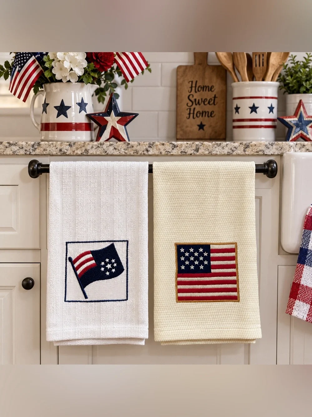 Warren Kimble Ritz patriotic dish towels 2 cotton white cream red blue USA flag